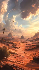 Sunlit desert canyon under dramatic storm-built skies.