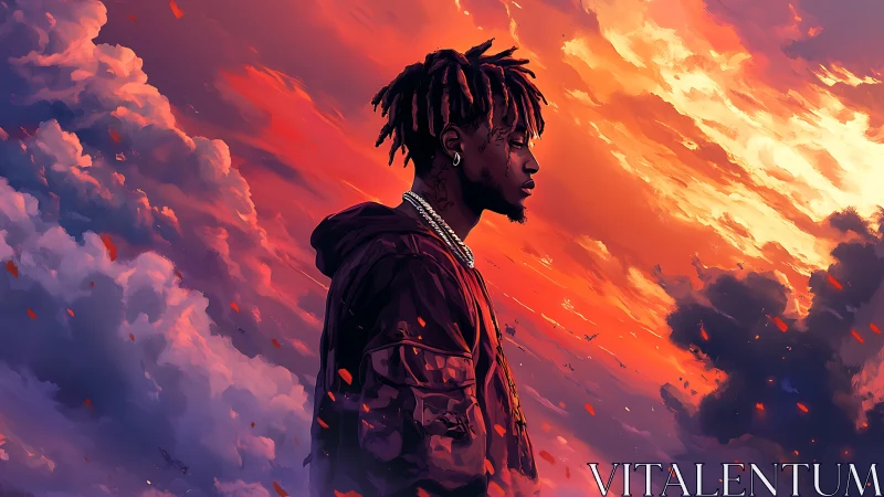 Side-profile portrait against volumetric sunset cloudscape in motion