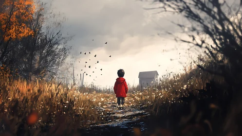 Child in red coat walking toward distant house through field.
