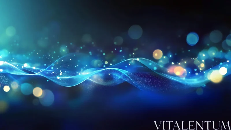 Glowing blue waveforms move across a dark abstract background