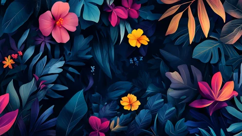 Digital tropical foliage with neon flowers at night.