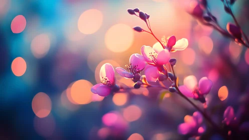 Pink flowering orchid branches with bokeh background and warm warm lighting