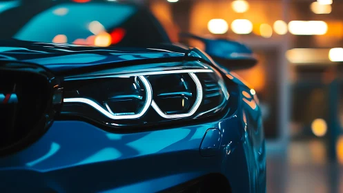 Blue sports car headlight closeup in neon city glow.
