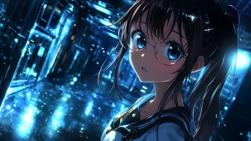 Cyber-lit anime schoolgirl rendered in luminous corridor scene