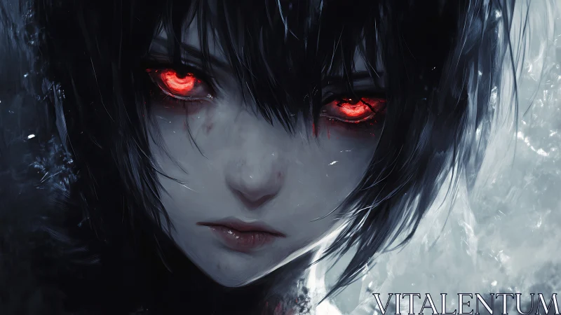 Digital painting portrait with crimson eyes and glacial contrast.