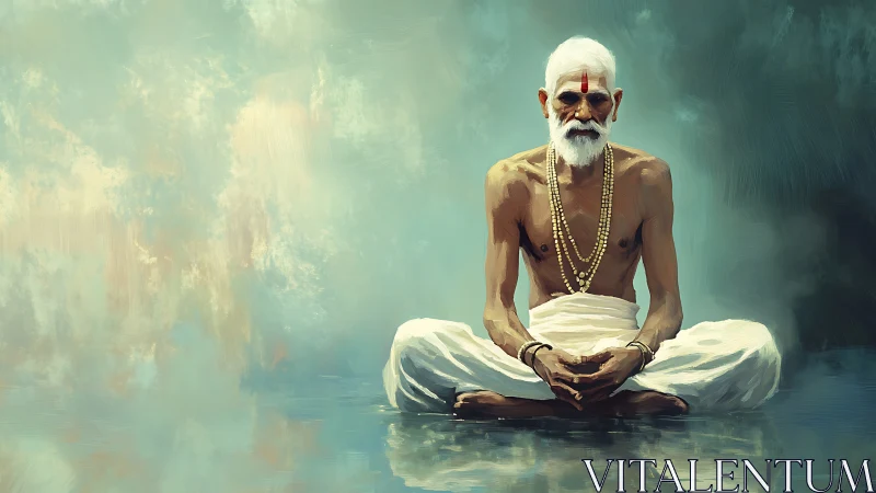 Elderly sage meditates in tranquil, misty spiritual space