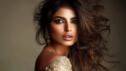 Photorealistic portrait with windswept hair and gold detail.