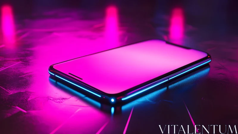 Modern smartphone on metallic surface with neon pink and blue lighting.