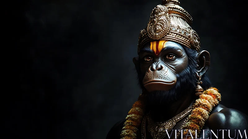 Divine simian monarch gazes outward in solemn, jeweled calm
