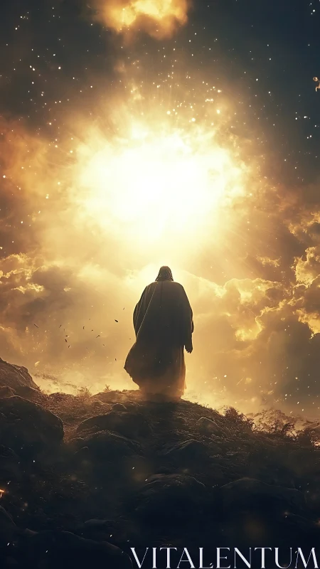 Robed figure stands on rocky hill beneath intense glowing sky