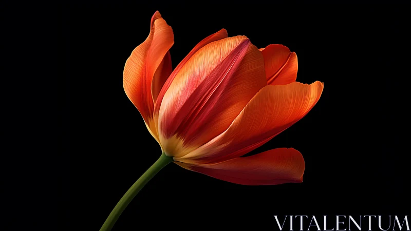 Crimson Tulip Unfolds: Silken Petals Blaze Against Darkness.