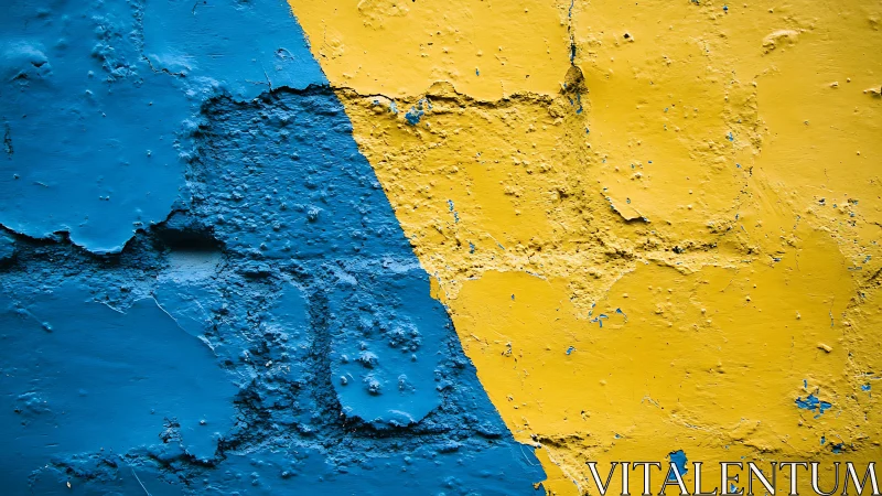 Bold blue and yellow abstract textured wall with rough surface.