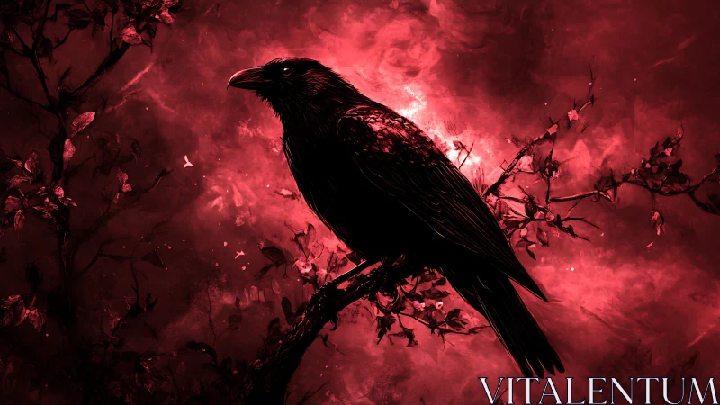 Silhouetted corvid is centered on branch against red backdrop