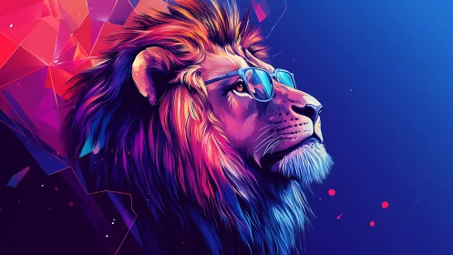 Neon gradient lion portrait with reflective sunglasses profile.