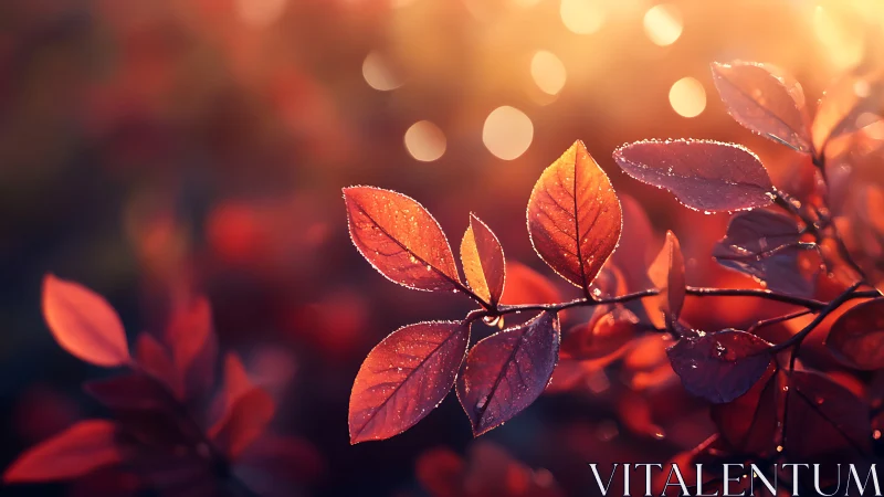 Photorealistic macro of dewy crimson leaves at sunrise.