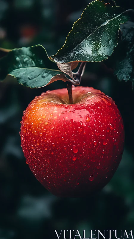 Rain-kissed orchard apple glowing against deep green hush.