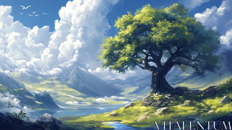 Sunlit guardian tree watching over bright valley skies.