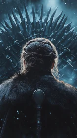 Regal figure before spiked iron throne in icy blue haze.