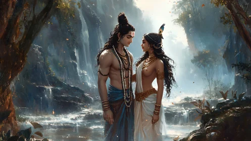 Sacred lovers share a quiet moment beside misty waterfalls
