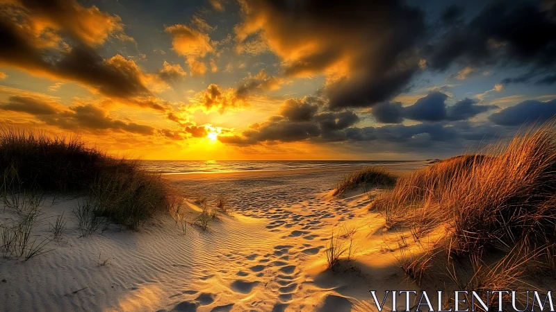 Sunlit dunes cradle a blazing ocean sunset in golden hush.