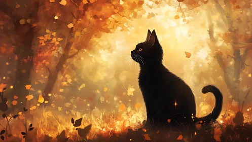 Black Cat Silhouette in Golden Autumn Forest