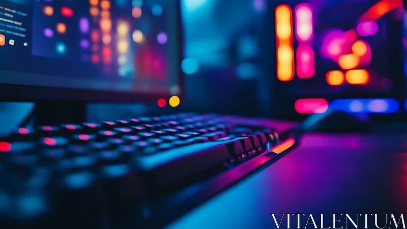 RGB backlit mechanical keyboard with neon gaming desktop