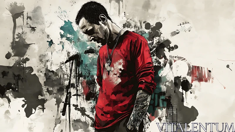 Tattooed man in red shirt stands amid abstract paint splashes