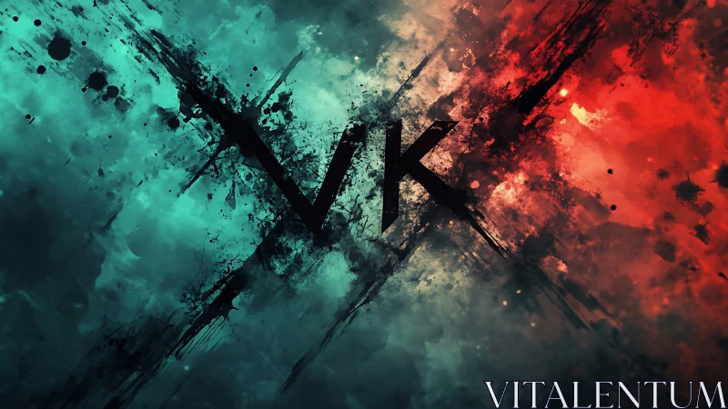 Central VK monogram intersects teal and red digital fields