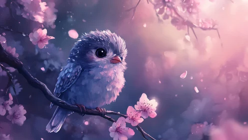 Blue songbird perches on cherry blossom branch at dusk