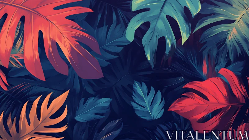 Luminous tropical foliage on deep midnight jungle backdrop.