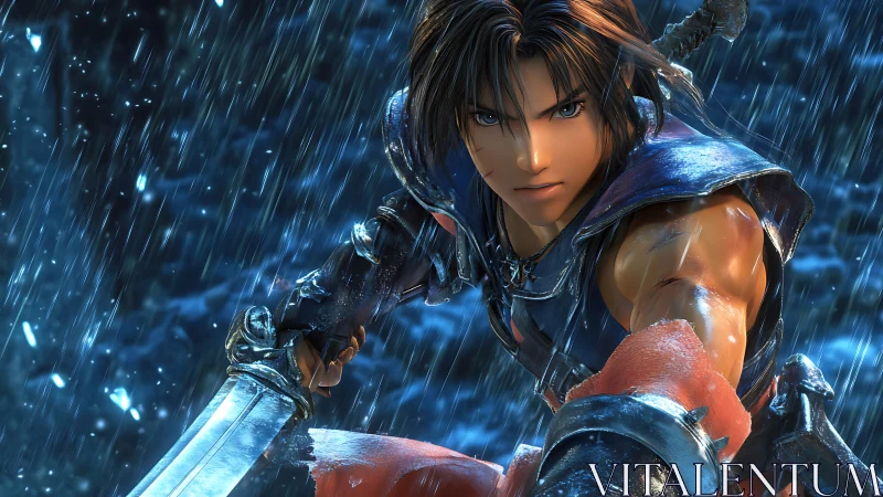 Armored fantasy warrior lunges forward in dynamic rain-lit closeup