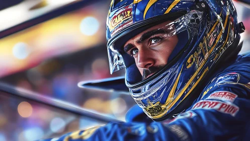 Hyperreal racing portrait with dynamic helmet reflections.