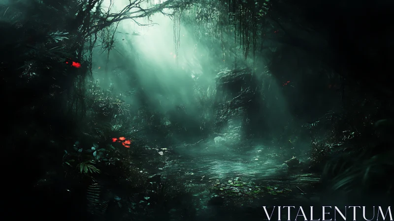 Moonlit jungle pool where secret stories drift slowly.