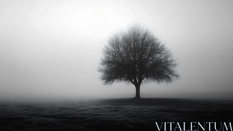 Solitary deciduous tree silhouettes against dense morning fog