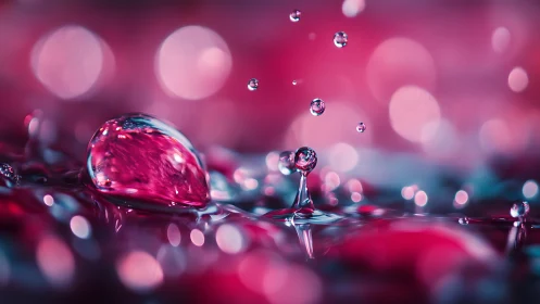 Macro capture freezes rose-tinted droplets in luminous bokeh field