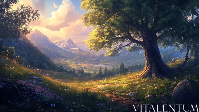 Sunlit valley path beneath ancient oak and distant alpine range