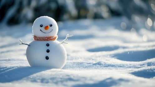 Smiling snowman basking in crystal winter morning light.
