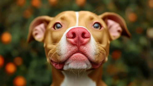 Bright-eyed brown dog gazes up with an adorably pink nose