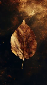 Single dried leaf on dark textured background surface.