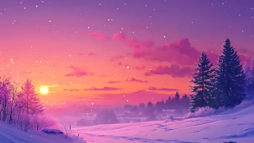 Digital painting winter sunset with radiant gradient sky.