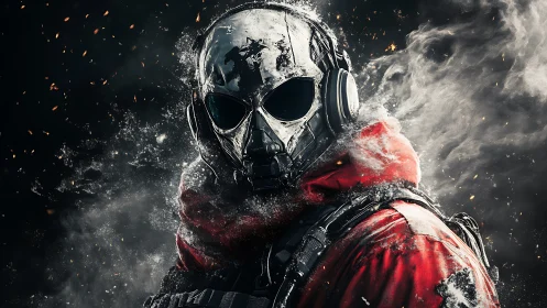 Armored skull-masked soldier dissolves into embers and smoke