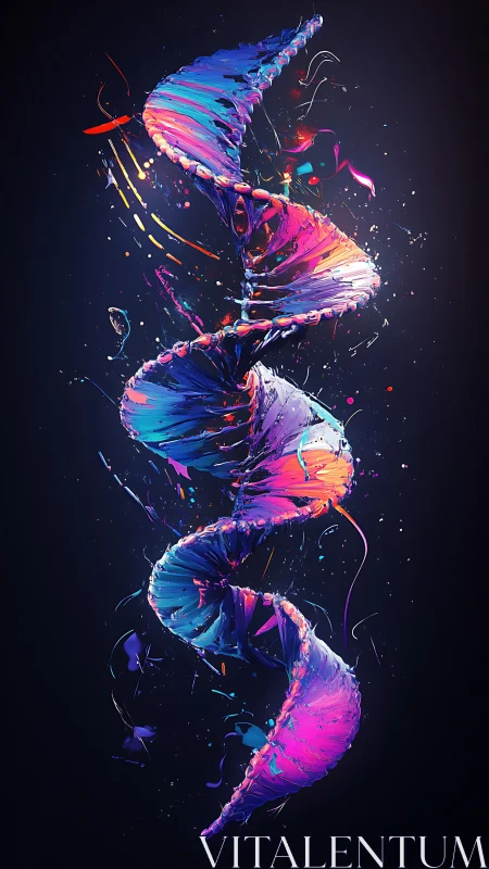DNA double helix rendered as vibrant swirling paint ribbon