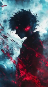 Dark silhouette channels violent red energy eruption