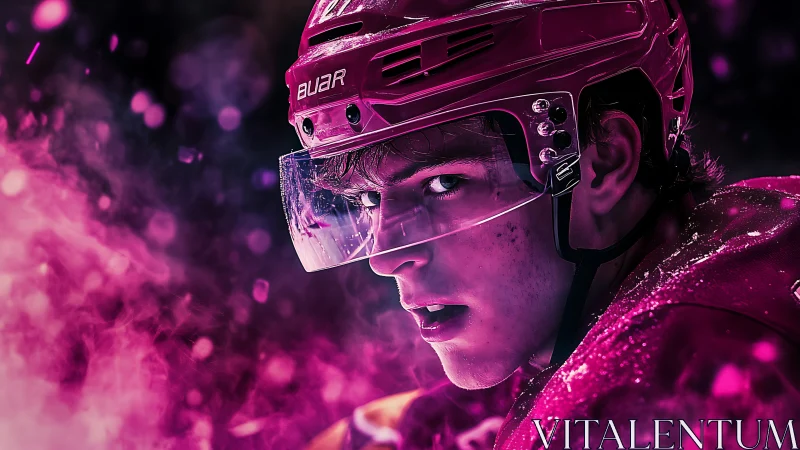 Electric ice hockey moment in vivid neon pink focus.