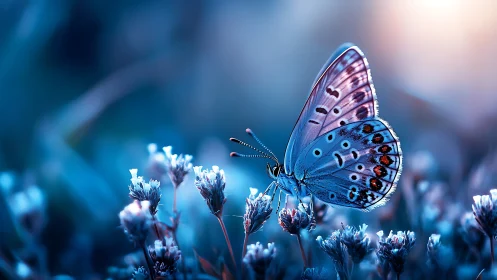Blue dusk butterfly resting in a dreamlike wildflower glow.
