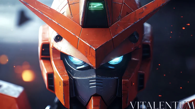 Bold orange mech hero with glowing eyes and quiet resolve.