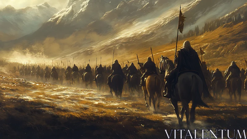 Riders in formation crossing misty mountain valley at dawn.