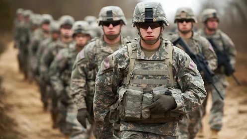 Focused soldiers walking in step along a quiet dirt trail.
