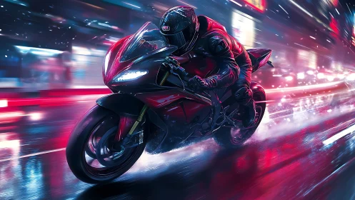 Night city rider carving neon light through the rain.