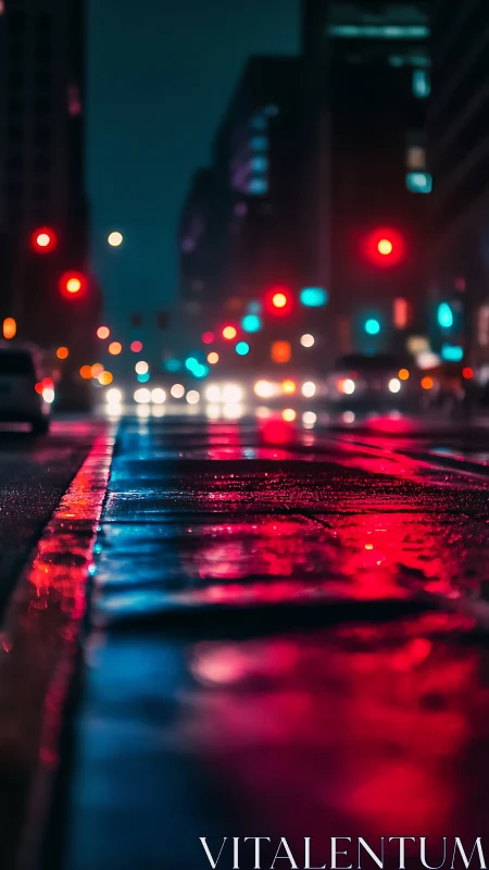 Neon reflections on wet city street with cinematic bokeh glow.